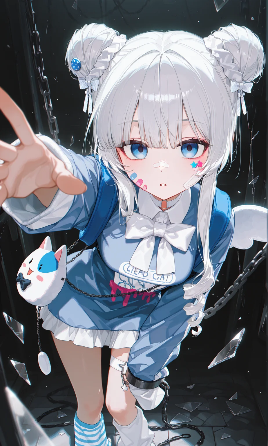 masterpiece, best quality, amazing quality, 1girl, [healthyman, mameojitan, wanke], [[[ciloranko]]], DEADCAT, white hair, double bun, short hair with long locks, ringlets, red eyeshadow, eyeshadow under eye, blue eyes, empty eyes, hair ornaments, white o-ring choker, frilled dress, blue dress, short dress, collared dress, sleeves past fingers, white bowtie, blue backpack, heart shaped bag, shoulder bag, cat bag, angel wings, white thigh strap, white leg warmers, mismatched legwear, blue-striped leg warmers, from front, black background, foreshortening, blurry foreground, standing, leaning forward, facing down, small breasts, parted lips, looking at viewer, blank stare, cowboy shot, ((chained, chain, chain around arm, glass shards)), (((reaching towards viewer, arm at side))), moonlight
