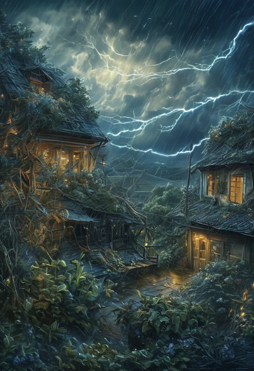 Best quality, masterpiece,
View at nightstorm from window village house, village outside and plants under strikes of strong wind, wrath of nature
Intricate, entangled, intricately detailed