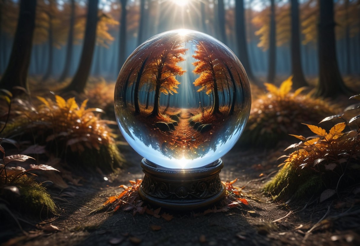 Crystal ball containing a forest ablaze with autumn colors, 
under a pristine blue sky, 
mysterious ambiance, 
capturing the essence of fall, 
sharp reflections, 
perfect clarity, 
dramatic lighting, 
ultra clear., 
Mysterious
