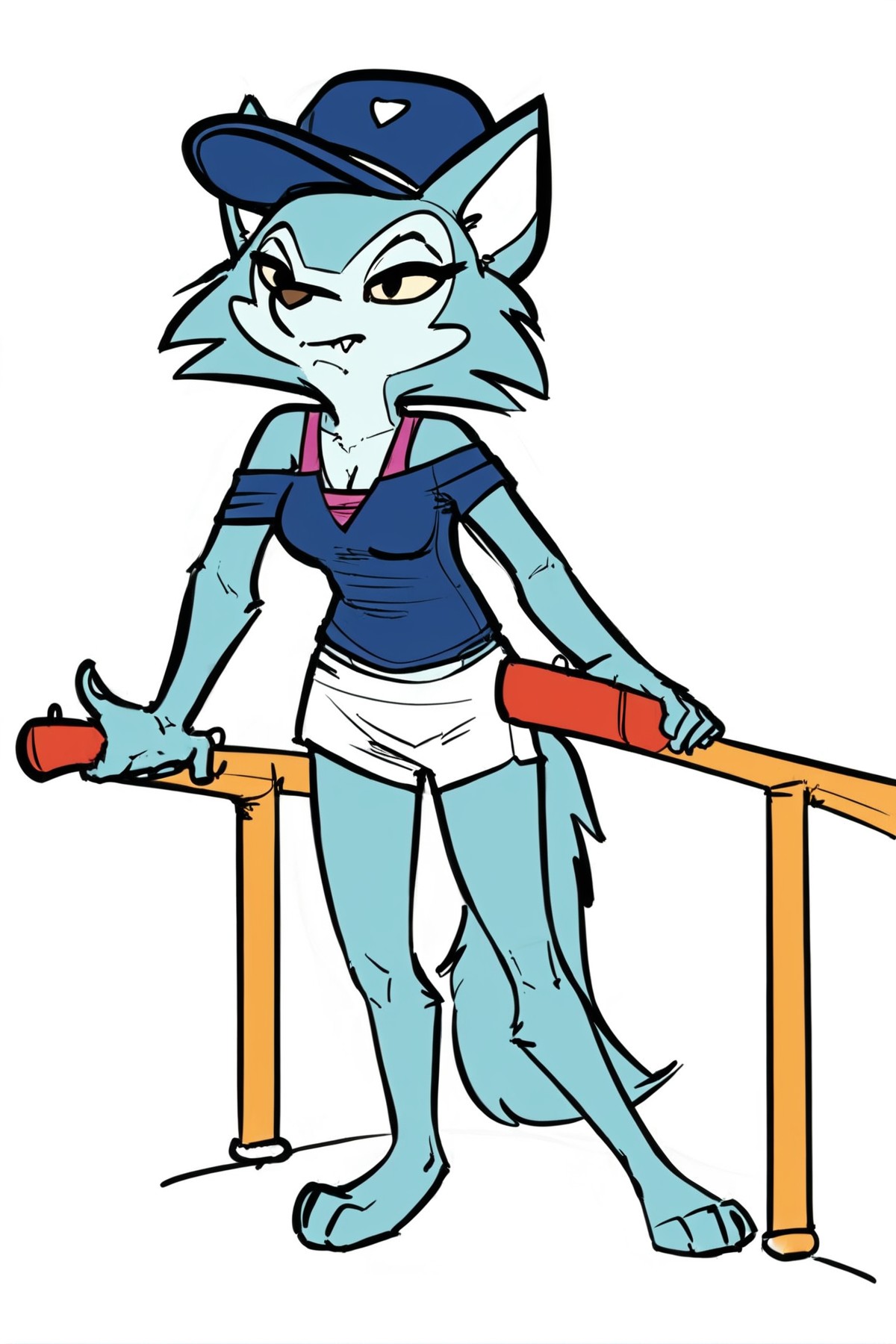 score_9,score_8,score_7,source_furry,
<solo:2.5>,
<1girl:1.5>,
fox,fox girl, blue fur, blue skin, tail, fox ears, fox tail, carmen_patrol_03,
carmen_patrol_03, carmen_fox, fox, fox girl, fanart, 1girl, solo, furry female, hat, animal ears, breasts, furry, tail, standing, shirt, flat color, full body, barefoot, wolf ears, simple background, white background, wolf tail, wolf girl, jewelry, half-closed eyes, blue hair, body fur, animal nose, black eyes, blue headwear, fangs, white fur, medium breasts, closed mouth, blue fur, sketch, fang, cleavage, therapy, disabled,
( art by feretta ) ,,
 <lora:Carmen_Fox_Patrol_03:1.2> carmen_patrol_03