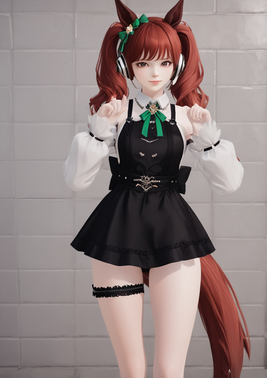 1girl,3d,yoz, nice nature (umamusume), huge breast, 3d, animal ears, black dress, bow, brown eyes, closed mouth, collared dress, dress, ear bow, ear covers, feet out of frame, green bow, grid background, horse ears, horse girl, horse tail, juliet sleeves, long sleeves, looking at viewer, medium hair, multicolored hair, pinafore dress, puffy sleeves, red bow, red hair, sleeveless, sleeveless dress, smile, solo, streaked hair, striped, striped bow, tail, thigh strap, twintails,zPDXL3, zPDXLrl <lora:lost_ark:1>