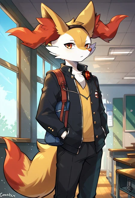 score_9, score_8_up, score_7_up, rating_safe, anthro, 1boy solo, furry, Braixen_(Pokemon), no humans, Yellow-White Fur, school uniform, gakuran, hand in pocket, pants, black pants, long sleeves, jacket, headphones,Braixen_\(Pokemon\), Yellow-White Fur,Two-Tone Fur,Crimson Eyes,Black furred legs,pointy ears,Red Ear Fluff,Red Tipped Tail, male school uniform,AddXL,ITMStyle, dynamic background, detailed background, school bag, indoors, school desk, classroom, carrying guitar case,