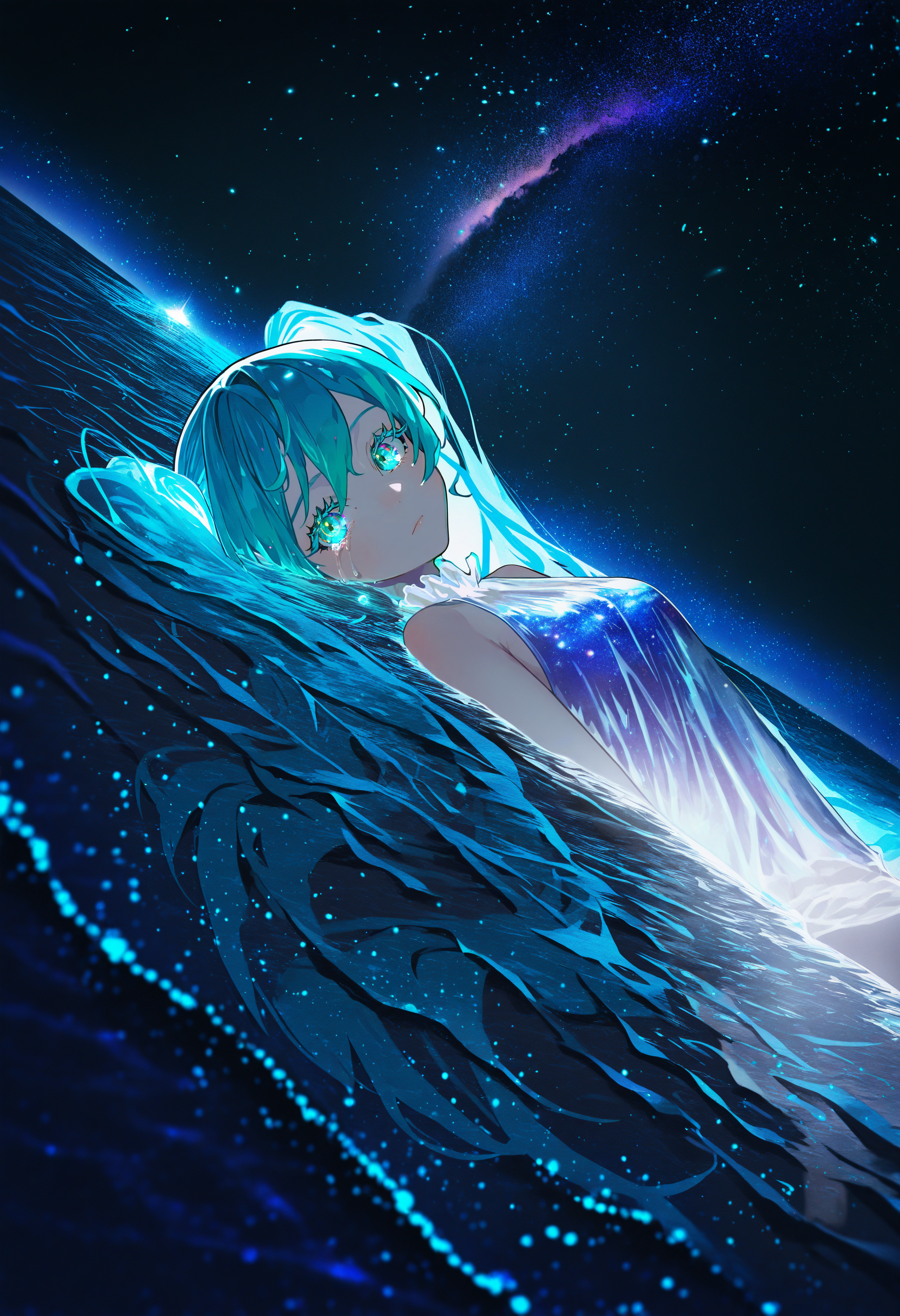 bioluminescence, by [ekrea jan|diyokama|say hana|lam],
phytoplankton, ocean, waves, 1girl, partially submerged, bottomless, aqua eyes, cyan glow, glowing, glowing eyes, see-through shirt, sleeveless, crying with eyes open, looking at viewer, expressionless, colored eyelashes, hatsune miku, twintails, on back, from side,
double exposure, galaxy, starry sky, ethereal glow, analogous colors,
dark theme, jewelry, ocean, night, night sky, phytoplankton,
masterpiece, best quality, very aesthetic, very awa, absurdres
<lora:noobai_epred_11_bioluminescence_v15:1>
<lora:illustrious_noobai_epsilon_pred_11_artists_v1:0.4>
<lora:illustrious_noobai_epsilon_pred_11_very_aesthetic_v1:0.6>