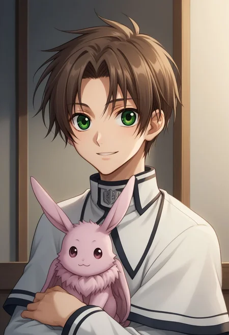score_9, score_8_up, score_7_up, source_anime, 
teito, 1boy, male focus, green eyes, brown hair, upper body, looking at viewer, creature, pia (creature), animal, 
capelet, vest, white vest, long sleeves, collared vest, black pants, smile, sit, hug animal,
indoor, sit,