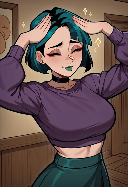 masterpiece, best quality, newest, absurdres, highres, AhEtoBlehMeme, closed eyes, tongue out, :p, hands on own head, smile, <lora:AhEtoBlehMeme_illusXLNoobAI_Incrs_v1-000008:1>, upper body, indoors, gwen \(total drama\), two-tone hair, makeup, green lips, choker, crop top, long sleeves, midriff, skirt, pantyhose, green hair,