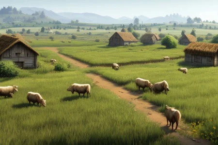 medieval, <lora:Medieval_Headwear:0.5> mehe, villager with a linen hood, wearing a linen shirt and trousers, carrying a bucket, weary and tired, showing signs of a long day's work and a weathered face,
<lora:FantasyFarm:0.6> fantfa, quiet medieval village outskirts with fields of crops and grazing animals,
morning, windy, dynamic light, HD, very detailed, <lora:more_details:1>