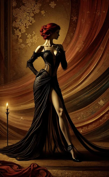 <lora:Silhuflowart2.safetensors:1> Silhuflowart, Silhouette, Fluid, Pastel
In the dim light of a sumptuously decorated chamber, a woman with fiery red hair and fair, almost luminescent skin stands against a backdrop of rich, dark velvet. The room is bathed in the warm, amber glow of candlelight, casting soft shadows that accentuate the opulence of the setting. The woman, in her late twenties, is of Tatar heritage, her features a blend of classical beauty and exotic allure. Her long, cascading hair tumbles down her back in waves, framed by the delicate, sheer fabric of her attire.
She wears a daring ensemble crafted from the finest black silk and lace, designed to both conceal and reveal. The bodice is a masterclass in elegance, with sheer panels that offer tantalizing glimpses of her alabaster skin. The sleeves are long and flowing, yet strategically cut to expose the curves of her shoulders and the delicate line of her collarbone. The skirt is a sinuous affair, hugging her form and flowing gracefully to the floor, with subtle slits that hint at the silken skin beneath.
The room is adorned with rich, velvety fabrics and intricate tapestries, adding a sense of depth and richness to the scene. The warm, golden tones of the lighting create an intimate and inviting atmosphere, drawing the eye to the woman's poised, confident stance. Her eyes, a deep, hypnotic brown, meet the gaze of the viewer with a hint of mischievous allure, as if inviting them into a world of hidden promises and untold tales.
This scene is not just a portrait of beauty but a testament to the art of seduction, where each element is精心设计，每一缕光线和每一寸布料都充满了诱惑与优雅，将观者带入一个既神秘又迷人的世界。