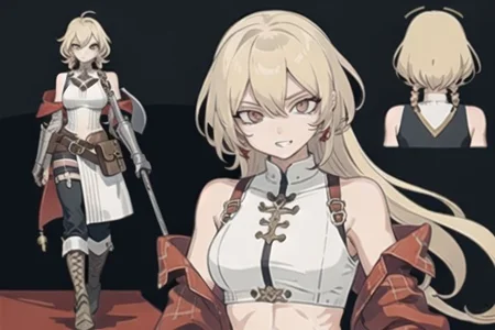 1woman, solo, armor, pauldrons, <lora:BarbarianT-18:0.8>, BarbarianT, muscular female, abs, ((masterpiece: 1.4, perfect face, best quality: 1.2)), ultra highly detailed, detailed eyes, delicate hair details, armor faulds, crop top, arm armor, armor greaves, fur tippet, large breasts, sexy eyes, devilish grin, mixed blonde hair, extremely messy large shag hair cape, many braids and beads in hair, intricate details, exposed abs, hazel eyes, eyeliner, eyelashes, crossed_bangs, warpaint, bare shoulders with viking design tattoo, puffy sleeves, tribal design asymmetrical lion cloths, leather boots, wool baggy pants trousers, tassel belt accessories, barbarian woman, brown leather hip belt with pouch on right and sword sheath on left, leather gloves with fur trim, saturated brown tones, nordic, fantasy aesthetic,(flat saturated colors), fine details, intense,(lineart:1.33), charactersheet, reference sheet, multiple views, white background