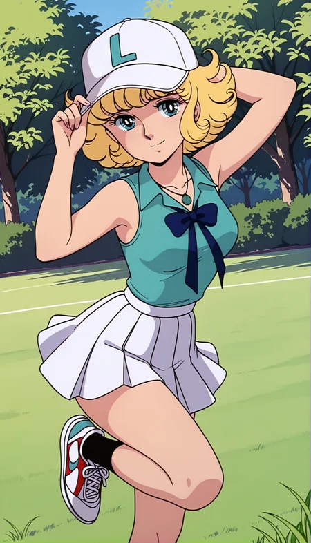 masterpiece,best quality,amazing quality,luluill,1girl,solo,1970s \(style\),retro artstyle,blonde hair,short hair,curly hair,blue eyes,skirt,shirt,smile,hat,white skirt,sleeveless shirt,sleeveless,outdoors,shoes,looking at viewer,holding,pleated skirt,baseball cap,sneakers,breasts,day,bare shoulders,collared shirt,white headwear,standing,medium breasts,closed mouth,miniskirt,sportswear,bare arms,standing on one leg,adjusting clothes,tree,leg up,socks,adjusting headwear,grass,bow,hand on headwear,collarbone,necklace,ribbon,<lora:luluill:0.8>,