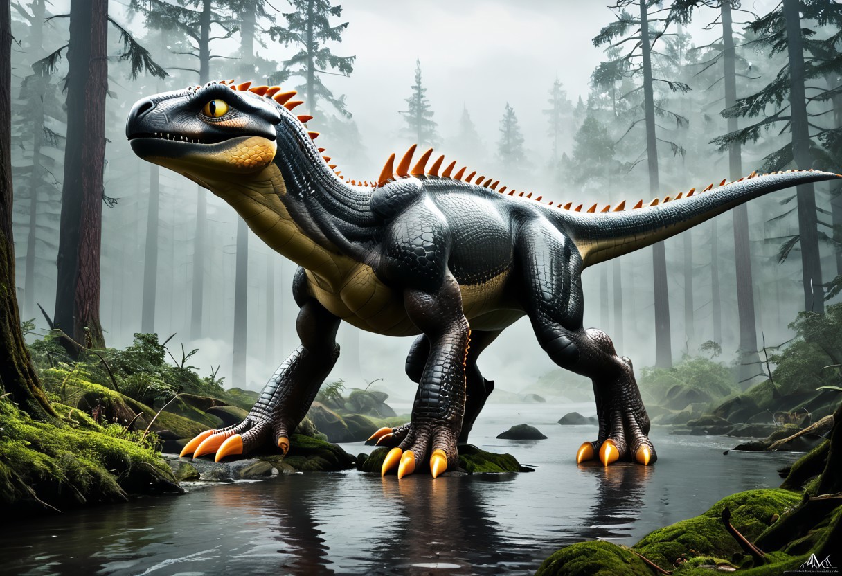 (masterpiece:1.2), Ultra High Res. Unity 8k Wallpaper. (illustration:1.0). (masterpiece:1.2). Best Quality. Ultra-Detailed. Ultra Realistic. Masterpiece. High Detailed Skin. 
BREAK 
Green. Black Tigger Pattern. Wyvern-like. Orange Spikes. Jagged Spikes. Spikes on Back. Spikes on Tail. Armored. Long Body. Plant Eating Dinosaur. Herbivore. Small Head. Toothless. Bird Beak. Armored. Dinosaur. Four Legs. On All Fours. Standing. Shiny Skin. Wet Skin.
BREAK 
Outdoors. Cloudy. Overcast. Rain. Mist. Fog. Pine Trees. Swamp. Woods. Celtic Mystic Forest. Ambient Lighting. Moody Atmosphere. Detailed Background. Dramatic Lighting. Low Light. Sharp Shading. Cinematic Lighting. Nature.