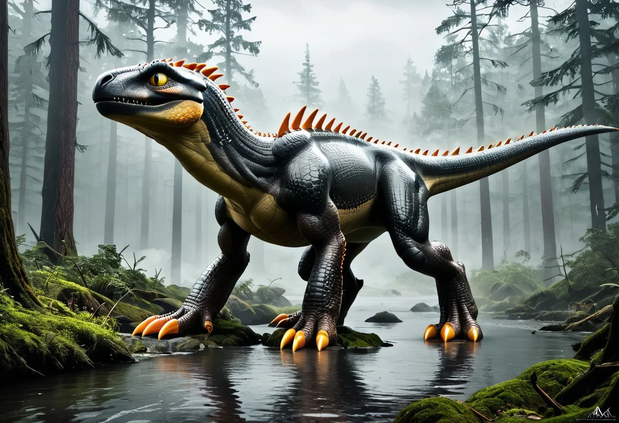 (masterpiece:1.2), Ultra High Res. Unity 8k Wallpaper. (illustration:1.0). (masterpiece:1.2). Best Quality. Ultra-Detailed. Ultra Realistic. Masterpiece. High Detailed Skin.
BREAK
Green. Black Tigger Pattern. Wyvern-like. Orange Spikes. Jagged Spikes. Spikes on Back. Spikes on Tail. Armored. Long Body. Plant Eating Dinosaur. Herbivore. Small Head. Toothless. Bird Beak. Armored. Dinosaur. Four Legs. On All Fours. Standing. Shiny Skin. Wet Skin.
BREAK
Outdoors. Cloudy. Overcast. Rain. Mist. Fog. Pine Trees. Swamp. Woods. Celtic Mystic Forest. Ambient Lighting. Moody Atmosphere. Detailed Background. Dramatic Lighting. Low Light. Sharp Shading. Cinematic Lighting. Nature.