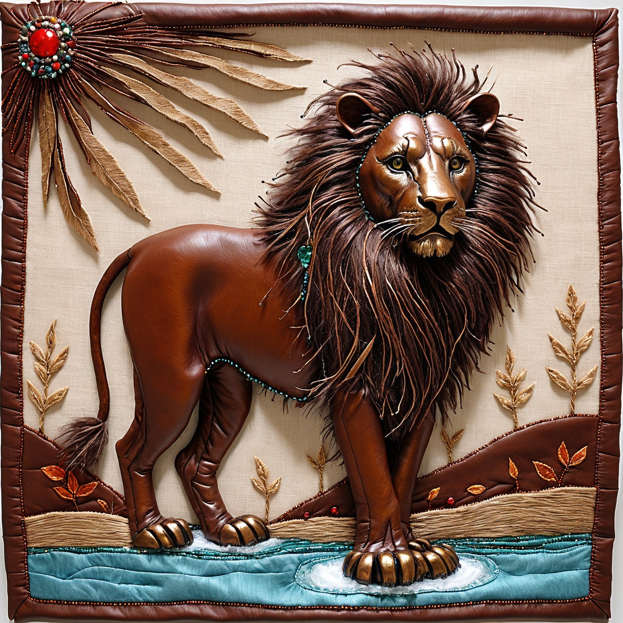 cs-l3ath3r, bronze lion crossing a river