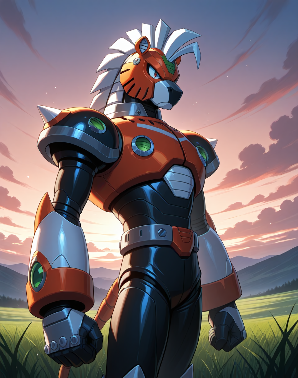 <lora:Reploid_(Mega_Man_X)_(Illustrious)_(AD):1.5> reploid, MMX, 
exterior, sky with clouds, grassy valley,
male focus, intense shadows, dynamic shadows, intricate details, attention to details, gradient coloring, bright vivid colors, robot, bent leg, glossy metal body, cowboy shot, zebra reploid, 
BREAK very awe, masterpiece, best quality, amazing quality, very aesthetic, highres, absurdres,  
EZRealPONYXL, zPDXL, Smooth Quality, lazynsfw,