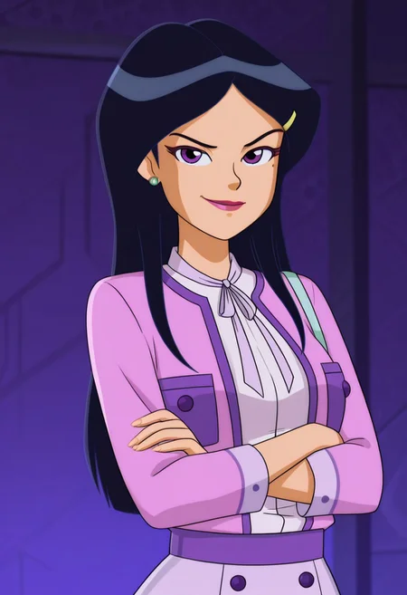 masterpiece, best quality, good quality, 1girl, solo, cartoon, totally_spies_2k24, mandy_ts, black hair, long hair, purple eyes, pale skin, sexy, medium breasts, beautiful, detailed, high detailed, very beautiful, detailed face, detailed eyes, detailed hand, abstract background, neon, smile, posing, standing, crossed arms, looking at viewer, face focus