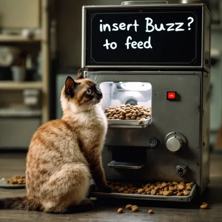 A extremely cute siamese cat in the world in front of a ration machine written "insert Buzz to feed the cat"