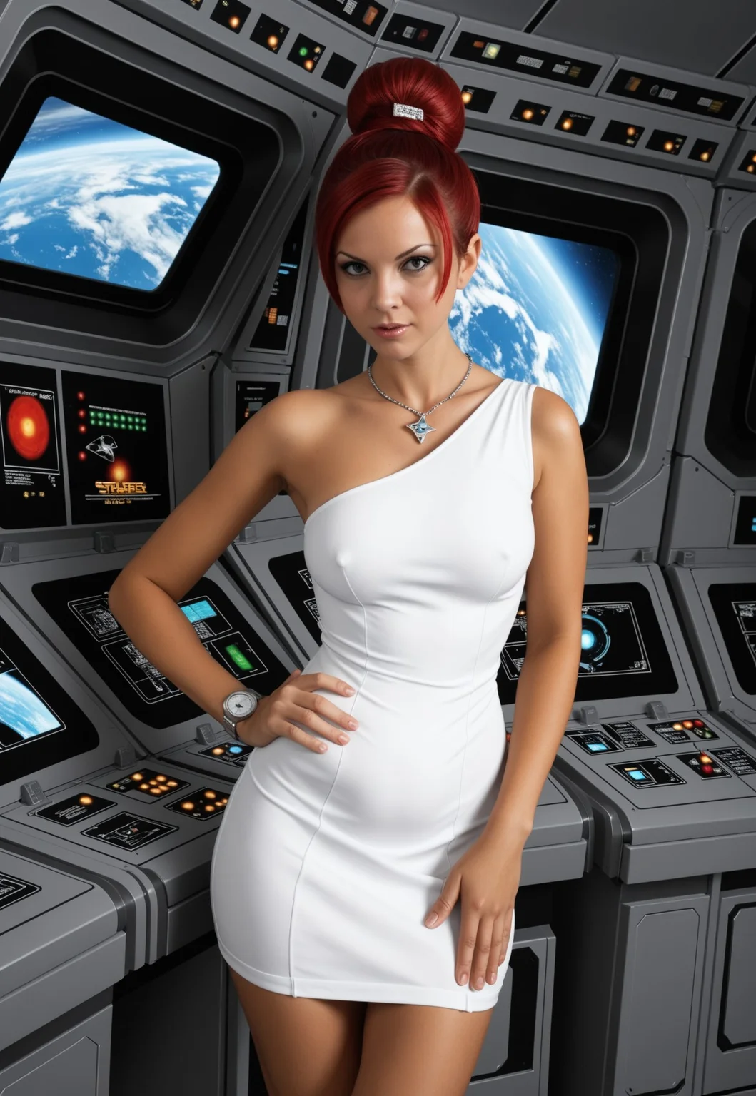 A professional portrait style photograph shows a red-haired girl reminiscent of Jill from The Flintstones standing in a futuristic control room, wearing a white short dress with jagged ragged edges, a one-shoulder strap with a Star Trek emblem and necklace. In the background are control panels and a large window. A woman with bright red/brown hair styled in a high bun with loose strands framing her face
Fair skin with defined makeup,
Short white form-fitting dress with an asymmetrical one-shoulder design
What appears to be a Starfleet badge on the dress
A bracelet or watch on the wrist
A futuristic spaceship interior with a white/silver color scheme
Curved walls typical of science fiction spaceship designs
Many control panels and screens visible in the background
Red indicator lights and various technology displays
A well-lit environment highlighting both the subject and the detailed background