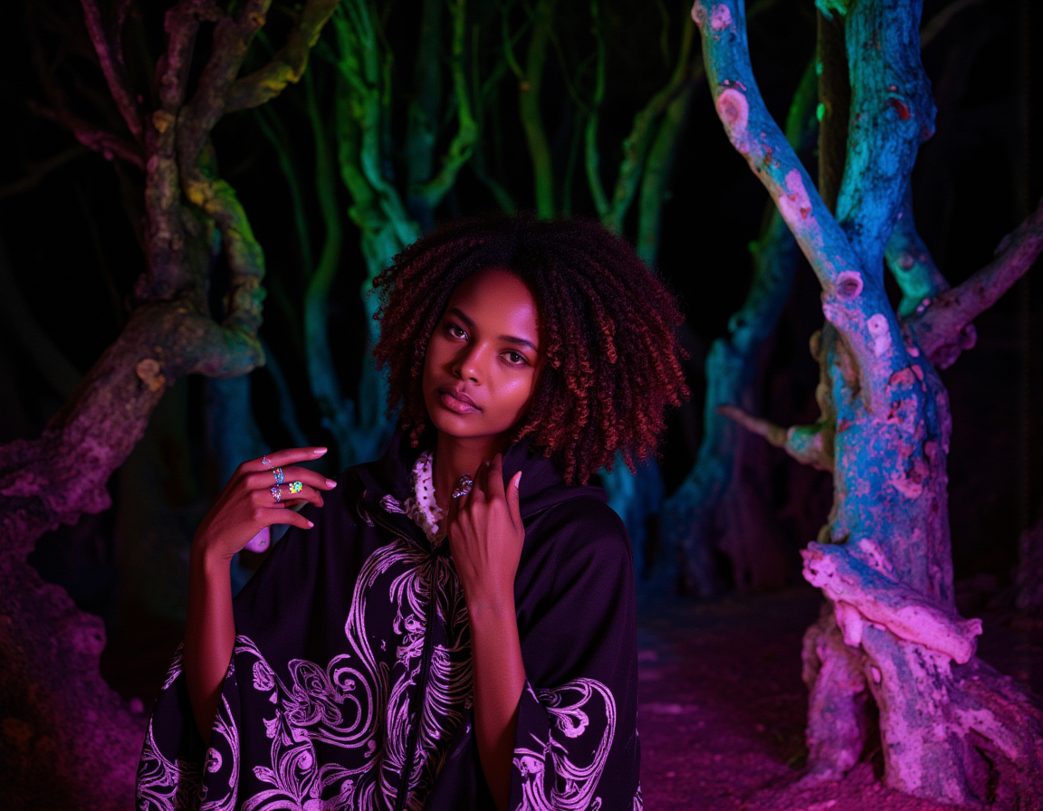 <lora:{psychedelic, }psychedelic-000018:0.6> psychedelic, A mesmerizing digital art piece set in a dark, velvety blackness, illuminated by vibrant, swirling psychedelic lights that dance across the scene. The main subject is a woman with dark, mocha-colored skin, her hair a wild tangle of curly brown locks, and her eyes gleaming with an otherworldly intensity, as if lost in the rhythm of the lights. She wears a flowing, hooded cloak with intricate, glowing patterns that mirror the psychedelic lights, and her slender fingers are adorned with glittering, iridescent rings. Her facial expression is one of serene, euphoric wonder, as if she is becoming one with the lights. The lighting is a kaleidoscope of colors, with pulsing, neon hues of pink, green, blue, and purple, casting an ethereal glow on the woman's face and surroundings. The atmosphere is hypnotic, with the darkness serving as a canvas for the psychedelic display, and the air is filled with tiny, shimmering particles that reflect the light, adding to the dreamlike quality. The scene is set in a mystical, ancient forest, with towering, twisted trees looming in the background, their branches like nature's own cathedral, and the psychedelic lights seem to be emanating from the trees themselves. The shot is a wide-angle, cinematic view, capturing the woman and the forest in all their glory, with a shallow depth of field that blurs the background, emphasizing the woman's connection to the lights. The image features a hyper-detailed, photorealistic rendering style, with subtle texture and imperfections that give the scene a sense of organic, natural wonder. The overall mood is one of enchanting, surreal magic, as if the viewer has stumbled into a hidden, mystical realm. The psychedelic lights seem to be alive, pulsing with an energy that draws the viewer in, and the woman's presence is the key to unlocking the secrets of this mystical world. 8k highest resolution with sharp intricate details. Hyperrealistic, detailed, and vivid. . 35mm photograph, film, bokeh, professional, 4k, highly detailed