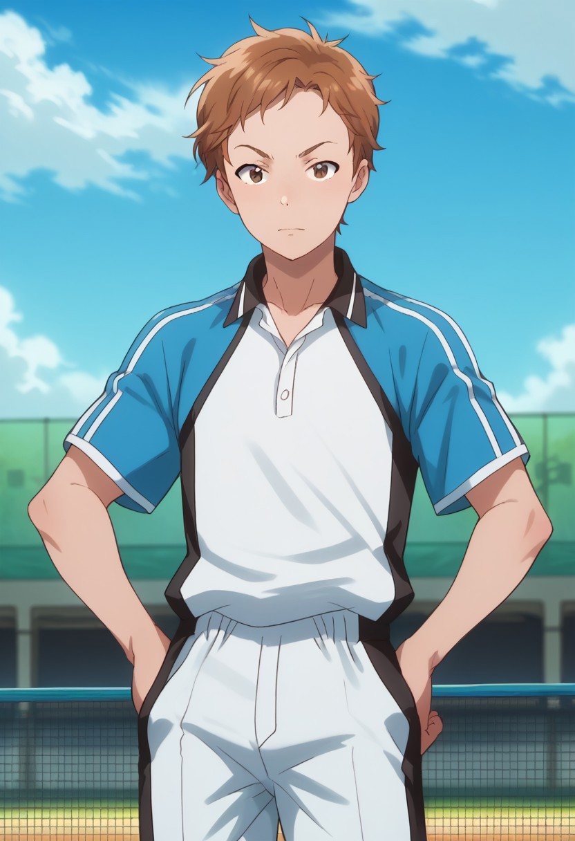 score_9, score_8_up, score_7_up, source_anime, highly detailed, 
shingo, 1boy, male focus, solo, hands on hips, sportswear, upper body, shorts, brown hair, looking at viewer, white shorts, brown eyes, standing, tennis uniform,
raglan sleeves, blue shirt, white shirt,
outdoor, sky, blue sky,