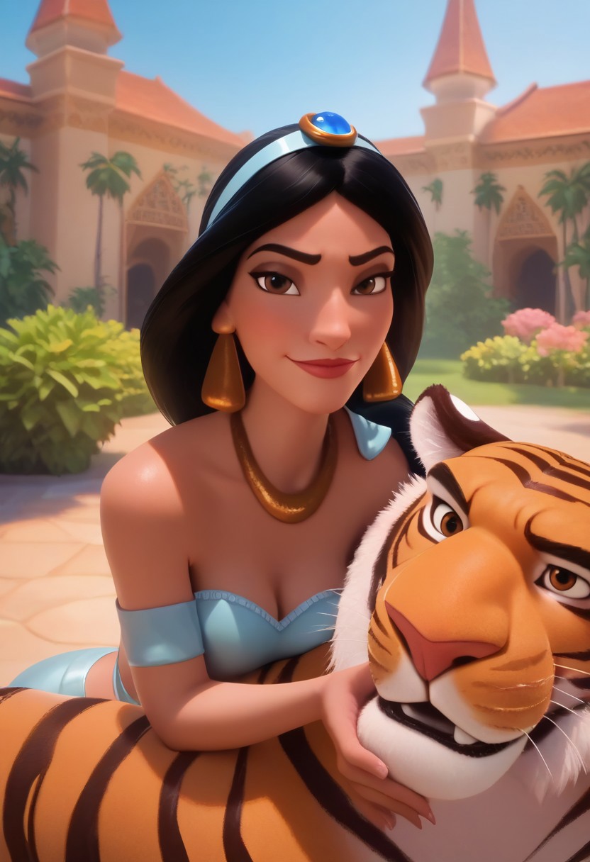 score_9, score_8_up, score_7_up, score_9, score_8_up, score_8, realistic,big  tiger and small 19 year old sexy woman,  light skin, dark hair, brown eyes, detail eyes, detail face, focus on face, perfect face, jasmine (Aladdin), sitting in a garden, (((tiger laying beside her))), (((huge tiger))), (((big tiger))), size difference, palace garden, hanging garden, looking  at viewer, she has a wicker basket with a lid beside her, persian dress , big round breast, seductive body, petite body, 8k detail,  detailed face, long shot, princess jasmine, Expressiveh, DisneyStyleXLP, cartoon, cute, cinematic, art by disney pixar studios