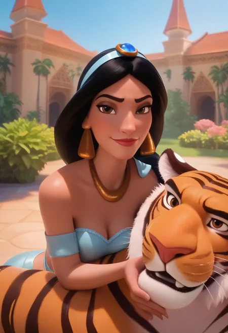 score_9, score_8_up, score_7_up, score_9, score_8_up, score_8, realistic,big tiger and small 19 year old sexy woman, light skin, dark hair, brown eyes, detail eyes, detail face, focus on face, perfect face, jasmine (Aladdin), sitting in a garden, (((tiger laying beside her))), (((huge tiger))), (((big tiger))), size difference, palace garden, hanging garden, looking at viewer, she has a wicker basket with a lid beside her, persian dress , big round breast, seductive body, petite body, 8k detail, detailed face, long shot, princess jasmine, Expressiveh, DisneyStyleXLP, cartoon, cute, cinematic, art by disney pixar studios