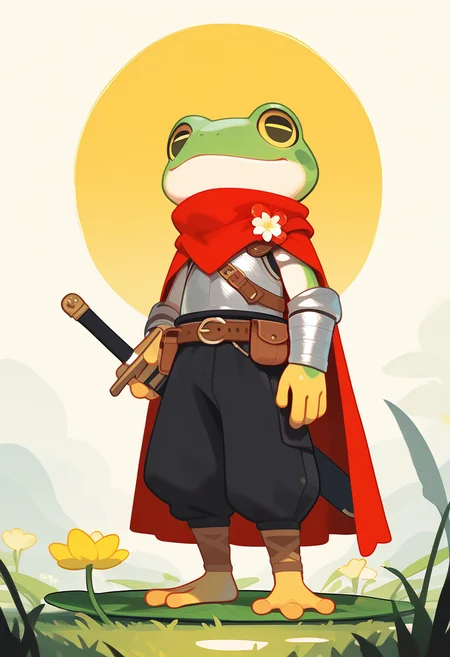masterpiece, best quality, good quality, very awa, very aesthetic, absurdres, newest,  1boy, holding, standing, full_body, yellow_eyes, male_focus, flower, weapon, pants, belt, sword, holding_weapon, cape, armor, colored_skin, black_pants, holding_sword, grass, furry, sheath, colored_sclera, pouch, red_scarf, furry_male, red_cape, bandana, frog, belt_pouch, yellow_sclera, lily_pad, red_bandana, haiz_ai, no lineart,no outline, <lora:ponyv6_noobV1_2_adamW-000017:0.7> <lora:bikabaka:0.7> <lora:haiz_ai_illu:0.8>