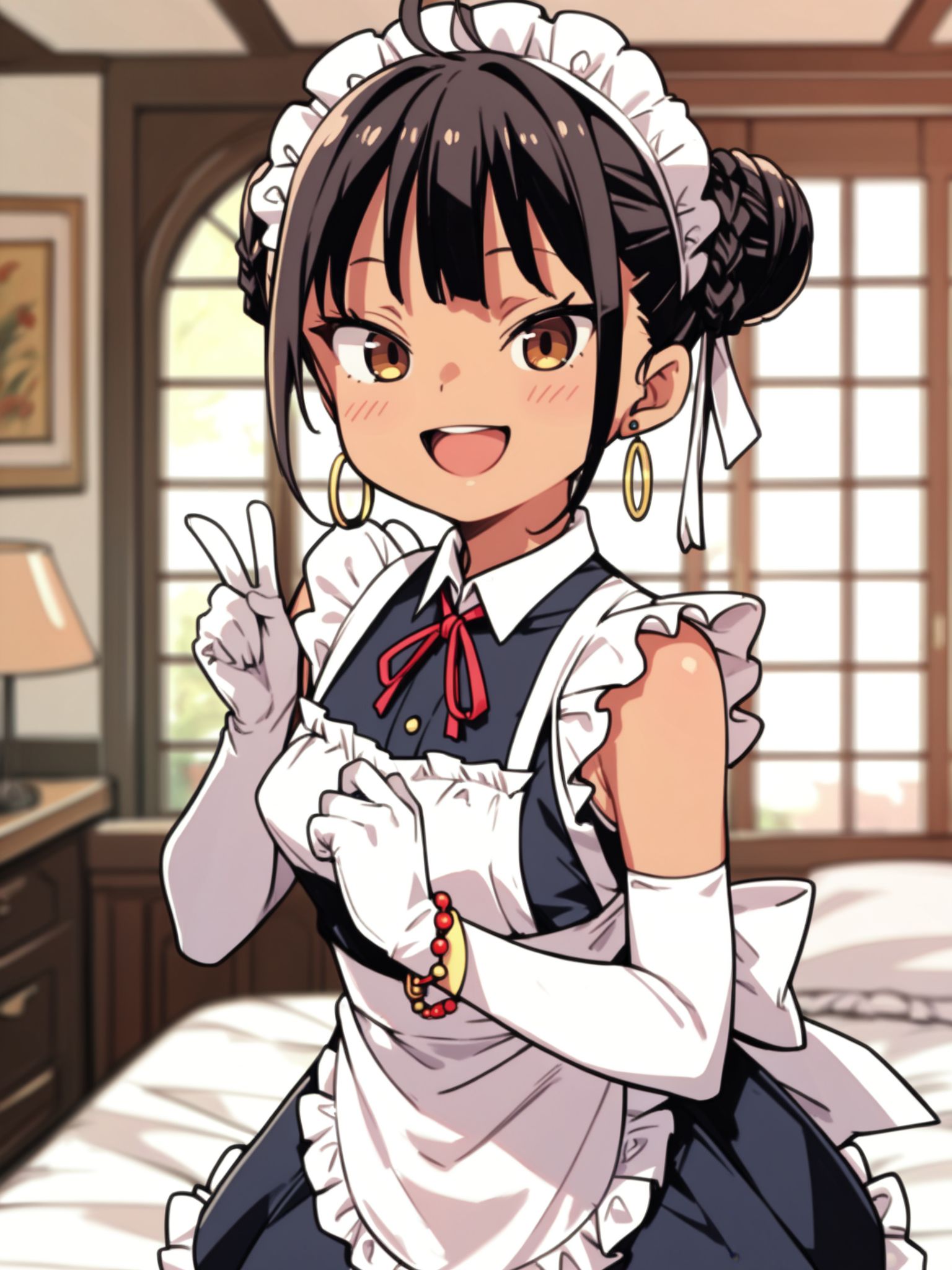 <lora:happy_tentacle-maruisis-v0.3-000010:1>, ht_maruisis, hoop earrings, double bun, bracelet, small breasts, tan, black hair, brown eyes , smile, open mouth, indoors, furniture, maid, apron, white gloves, elbow gloves cowboy shot, 1girl, (petite:1.2), solo focus, (looking at viewer:1.1), , (depth of field:0.8), , score_9, score_8_up, score_7_up, score_6_up, score_5_up, score_4_up