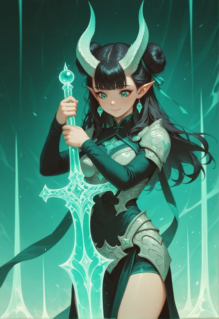<lora:ck-painterly-fantasy-IL-000011:1>, in the style of ckpf, 1girl, solo, long hair, green eyes, black hair, aqua eyes, fantasya, happy, closed mouth, medium breasts, hair bun, double bun, horns,blunt bangs, looking at object, looking at ethereal sword, holding sword,bend over, amror shirt, armor skirt, long sleeves, ribbon, jewelry, intricate armor, earrings, pointy ears, depth of field, cowboy shot, ,masterpiece,best quality,amazing quality,
masterpiece,best quality,amazing quality