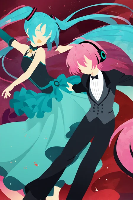 sambanekostyle, masterpiece, best quality, very aesthetic, absurdres, simple background,
(megurine luka:1.2), pink hair, 19 years old, hatsune miku, blue hair, 19 years old, ballroom, ballroom dance
<lora:SambaNekoStyle_animagineV31_v110:1>