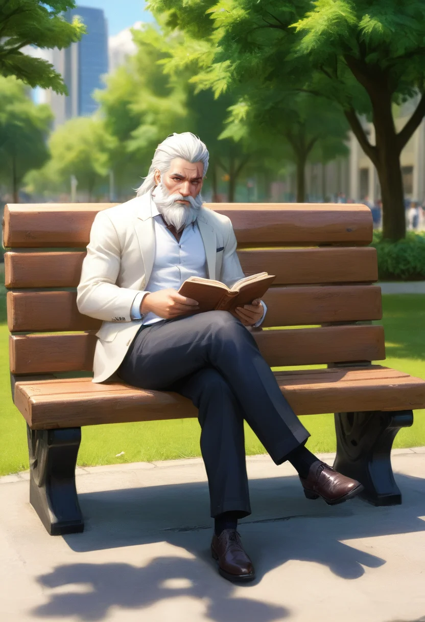anime,reinhardt sitting on a park bench reading a book,smiling,full body,intricate detail,best quality,8K,UHD,<lora:xl-reinhardt-000012:0.7>,scar across eye,beard,white hair,