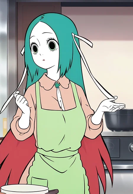<lora:jingwei:1>,jingwei,1girl,solo,long hair,multicolored hair,red hair,green hair,hair ribbon,white ribbon,black_pulpil,white skin,
green apron, shirt,, masterpiece,best quality,amazing quality,absurdres, anime screenshot,