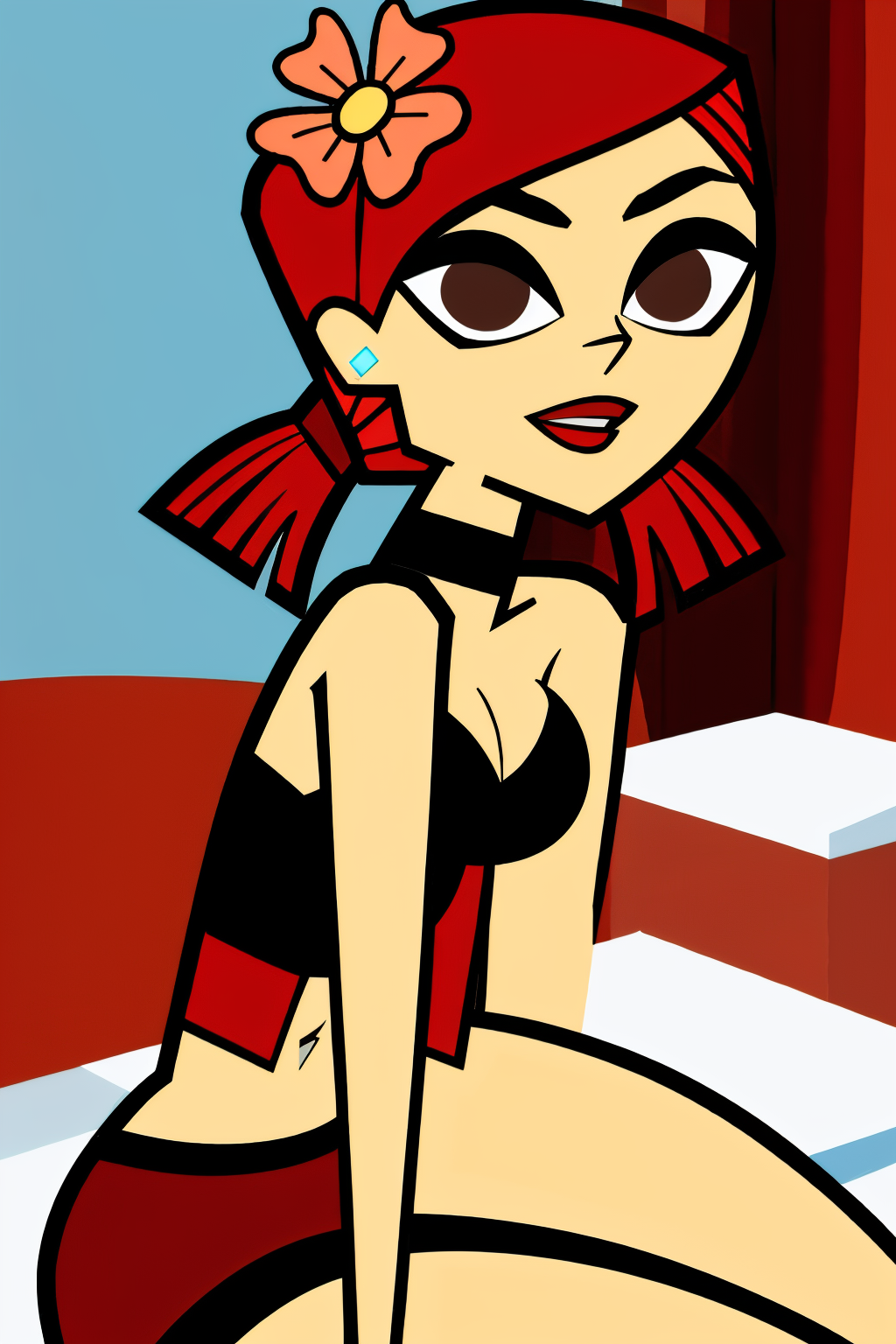 in the Bedroom, (Realistic:1.5) 1girl, solo, open mouth, cleavage, medium breasts, full body, red hair, hair flower, black choker, brown eyes, Lace skirt with a tank top <lora:EdobZoeyTotalDrama_v1.0:0.8>