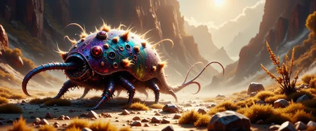 award-winning macro photo, (short depth of field:1.2), fractal art, in the bogscrubbled and extraordinary steppes of planet "jaggerturf ii", the (inexplicable diminutive:1.4) "charging nargledyme" with its pongfruddled iridescent hide and (long coiled tendrils:1.3) harvests moisture from the bogscrubbled air with (delicate translucent membranes:1.2), dry biome, (dappled sunlight:1.1), extremely detailed and intricate background, style of anato finnstark, tzeentch touched, <lora:style-anato_finnstark-flux-by_tangbohu:0.88> <lora:style-touch_of_tzeentch-warhammer_40k-flux-by_reme:0.88> <lora:style-fantastic_landscapes-flux-by_artifyai:0.56> <lora:image_enhancer-flux-by_dever:0.6>
