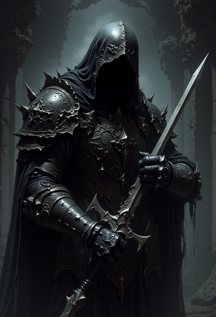 A mysterious, hooded figure. The figure is clad in intricately detailed black armor, adorned with ornate patterns and textures that suggest a gothic or medieval style. The hood obscures the face, casting deep shadows that enhance the enigmatic presence. The figure's hands, covered in armored gauntlets, grip the hilt of a large, menacing sword. The sword's blade is partially visible, reflecting a cold, metallic sheen. The background is blurred, emphasizing the central figure and adding to the atmospheric, moody tone of the composition. Water droplets are visible on the armor, suggesting a recent rain or mist, adding a dynamic element to the scene.   <lora:dark_fantasy_flux:0.83> <lora:FredFraiStyle-FLUX-Share:0.63>, <lora:FluxMythP0rtr4itStyle:0.33> mythp0rt