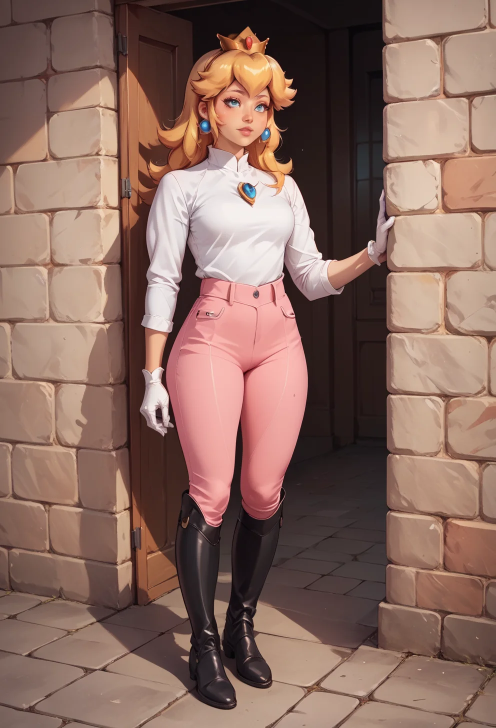 score_9, score_8_up, score_7_up, source_anime
, princess peach, 1girl, pink pants , <lora:ridingOutfitPony:1.0>, white gloves, white shirt, boots, long sleeves,