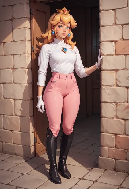 score_9, score_8_up, score_7_up, source_anime
, princess peach, 1girl, pink pants , <lora:ridingOutfitPony:1.0>, white gloves, white shirt, boots, long sleeves,