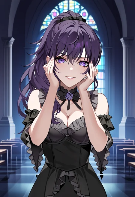 asahina_mafuyu, purple hair, long hair, ponytail, purple eyes,medium breasts, gothic, gothic black dress, frilled dress, cleavage
BREAK
indoors, gothic church, night
BREAK
cowboy shot,standing, flirty, sexy smile, evil smile, front view, closed mouth, hands face, yandere, dark glare, yandere trance, parted lips,
BREAK
best quality, masterpiece,score_9, score_8_up, score_7_up, perfect hand, , source_anime, zPDXL, <lora:Asahina_Mafuyu_r2:0.8>, <lora:yandere_trance_v1_pruned:0.8>