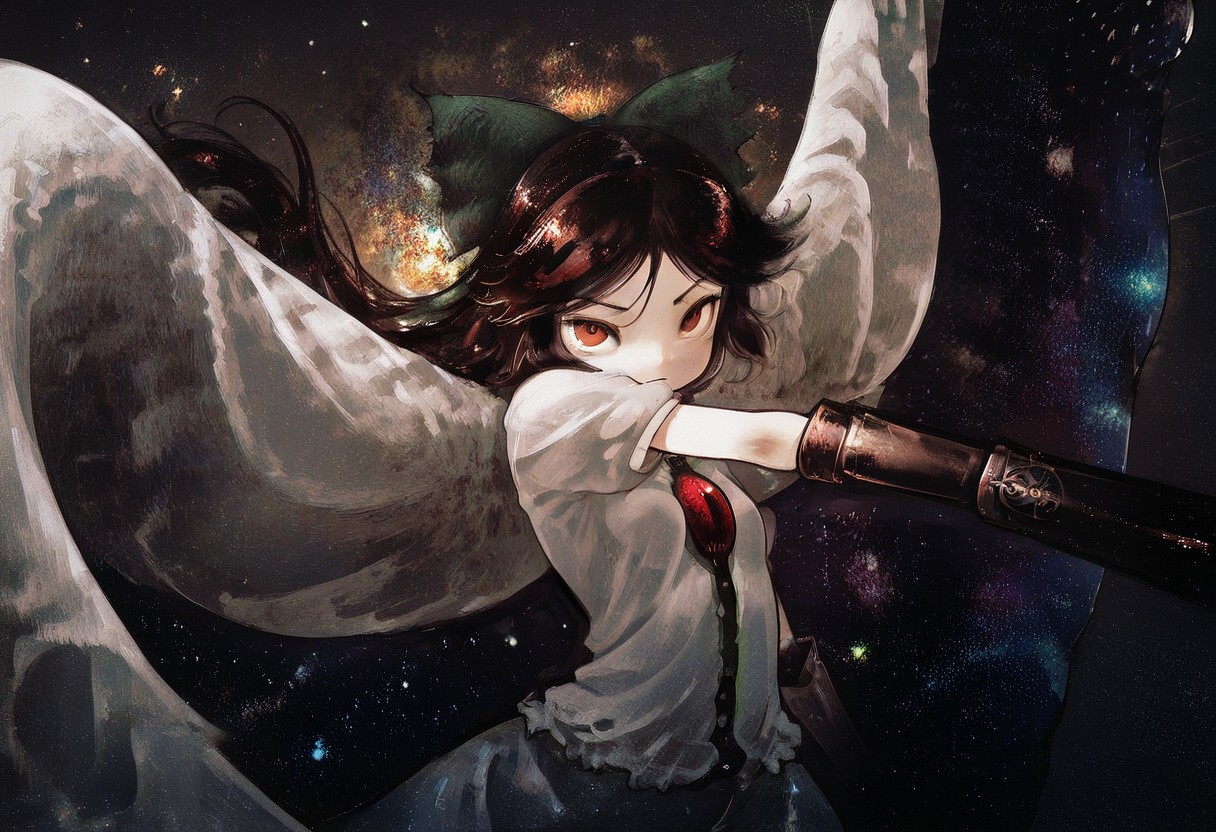 best quality, masterpiece,
1girl, solo, solo focus,
reiuji utsuho, 
looking at viewer,
third eye, arm canon,
dynamic pose, floating hair, floating clothes,
star \(sky\), space, blending, starry sky print,
dynamic pose,