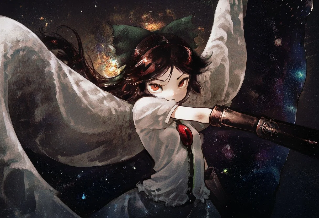best quality, masterpiece,
1girl, solo, solo focus,
reiuji utsuho,
looking at viewer,
third eye, arm canon,
dynamic pose, floating hair, floating clothes,
star \(sky\), space, blending, starry sky print,
dynamic pose,