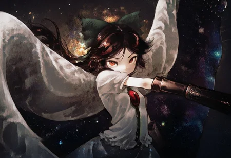 best quality, masterpiece,
1girl, solo, solo focus,
reiuji utsuho,
looking at viewer,
third eye, arm canon,
dynamic pose, floating hair, floating clothes,
star \(sky\), space, blending, starry sky print,
dynamic pose,