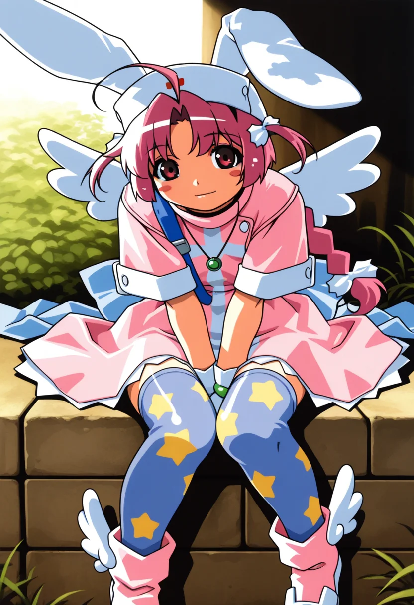 nakahara_komugi, pink hair,hat, animal ears, braid, pink eyes, ahoge, long hair, rabbit ears,
wings, star print, jewelry, star (symbol), dress, white gloves, stickers, zettai ryouiki, print thighhighs, winged footwear,
<lora:nakahara_komugi_Illustrious-XL_2.0_v1:0.8>, masterpiece,best quality,amazing quality, solo,1girl,, sitting, (dynamic_pose),
blush,closed mouth,light smile,
looking at viewer,cowboy shot,
(outdoors, )