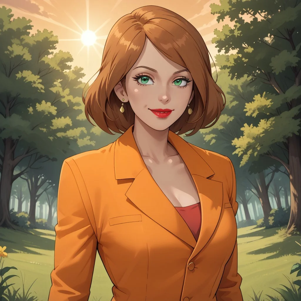 score_9, score_8, BREAK, light brown hair, green eyes, red lips, lipstick, earrings, orange suit, orange pants, orange slippers, breasts, Scarlet_(Sonic_X), sexy pose, self portrait, smile, outdoors, sunlight, shadows, evening lighting, natural lighting, forest, trees, grass, orange sky, sunset