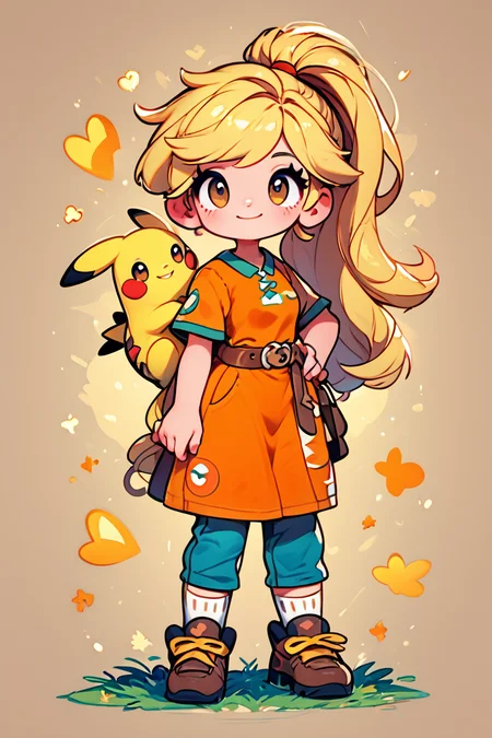 score_9, score_8_up, score_8, medium breasts, (curvy), cute, eyelashes, BREAK, , zzYellow, brown eyes, blonde hair, long hair, ponytail, bangs, orange tunic, brown belt, pants, <lora:Yellow_Pokemon_PDXL_v2:0.8>, , BREAK, socks, big shoes, smile, looking at viewer, cowboy shot, embedding:zPDXL, Expressiveh, <lora:CuteToonPDXL:1.0>, <lora:SDXLFaeTastic2400:0.5>, <lora:Expressive_H-000001:0.4>,