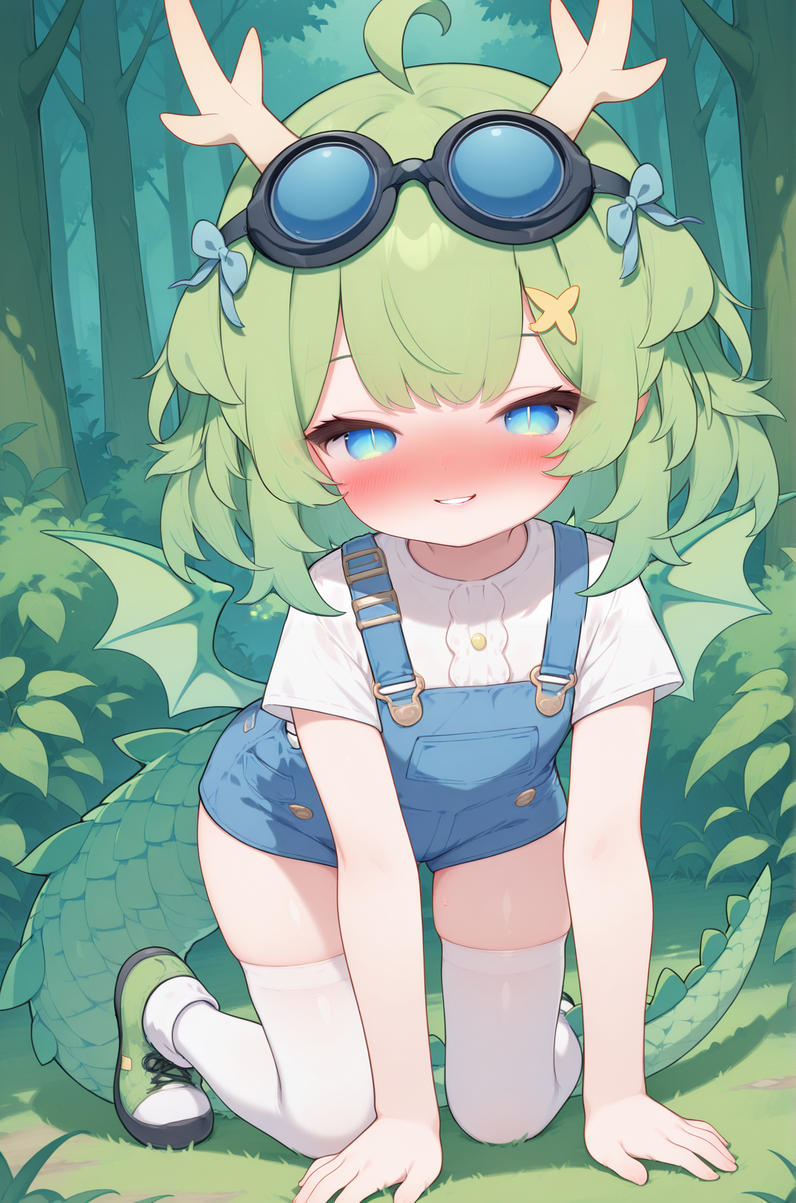 masterpiece,best quality,amazing quality, DragonGirlMPVTILXL, 1girl, blue eyes, slit pupils, green hair, short hair, bangs, ahoge, horns, hair ornament, blue bow, black goggles, goggles on head, green wings, dragon tail, flat chest, white shirt, short sleeves, blue overall short, white thighhighs, green shoes, solo, full body, all fours, seductive smile, looking at viewer, naughty face, nose blush, forest, tree    <lora:DragonGirlMPVTILXL:1>