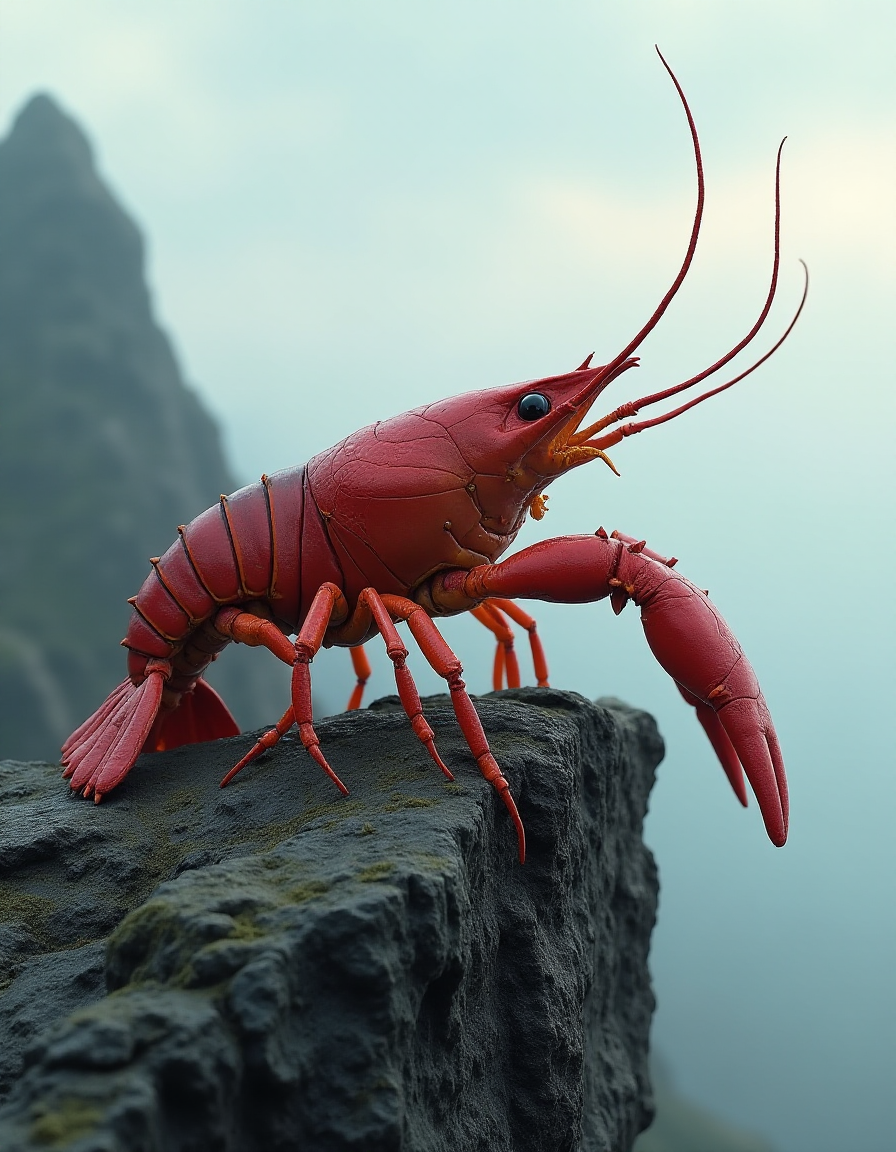 There is a big crayfish sitting on the mountain, whistling loudly on a whistle. 8k, hyperrealism, detailed.