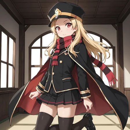 indoors, <lora:chiaki.pony:1> chiaki, 1girl, solo, long hair, blonde hair, red eyed, scarf, striped scarf, shako cap, black headwear, cape, black cape, black coat, flat chest, skirt, pleated skirt, black skirt, black thigh-highs, black loafers,