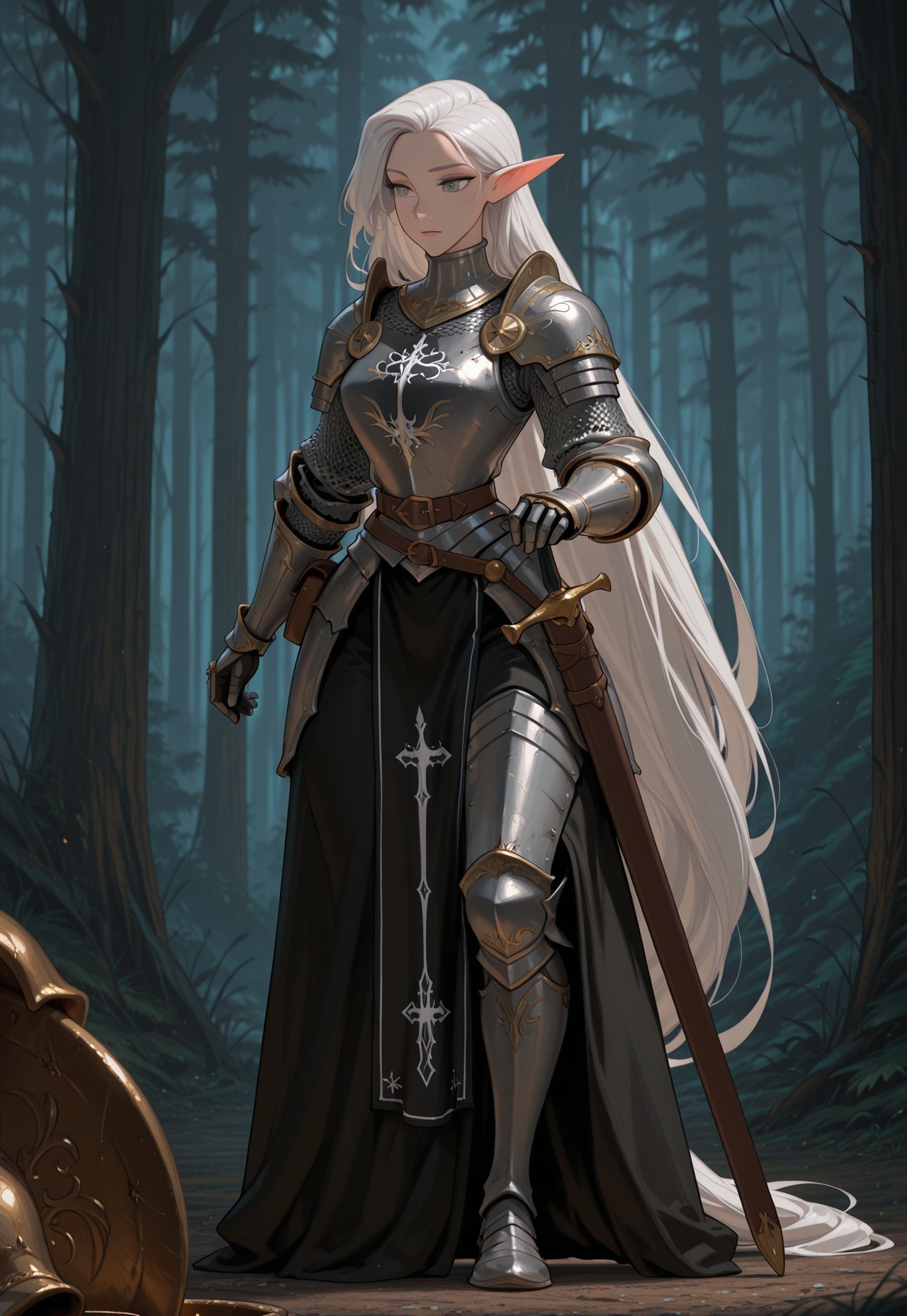 safe_pos, 1girl, elf, (solo), (very long ears), pointy ears, huge ass, bottom heavy, massive wide hips, (grey eyes), very long hair, flowing hair, (white_hair), waist belt, belt pouch, (knight), (full armor), chausses, ((gothic plate armor)), gorget, bevor, couter, cuirass, pauldrons, gauntlets, vembrances, rerebraces, faulds, greaves, (chainmail), (long white and black tabard), (sheathed), hand on hilt, scabbard, sword, (unaware), outdoors, dark forest, dense forest, complex scene, masterpiece, best quality, very aesthetic, absurdres, very_awa, cldsxl