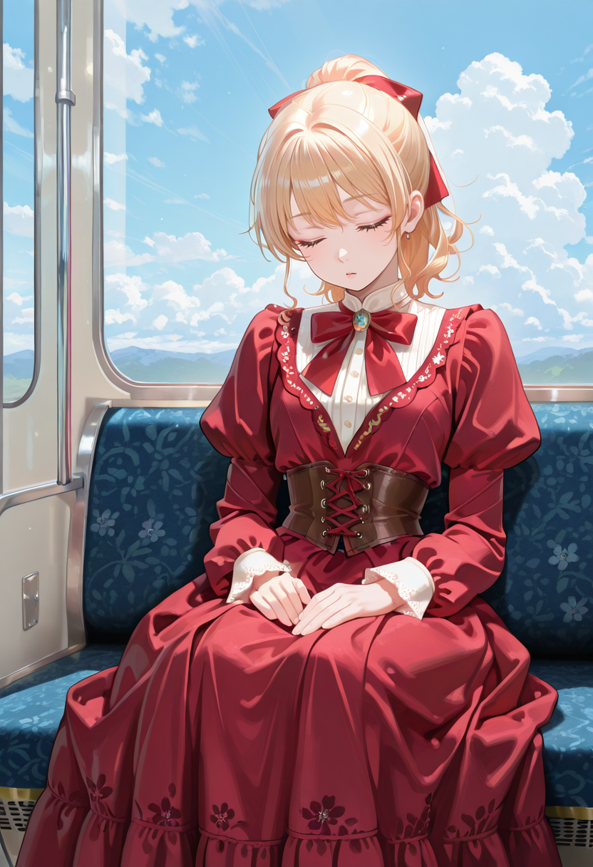 1girl, solo, lazypos, anime-style digital drawing,
soft pastel colors, detailed and delicate, whimsical and dreamy, soft shading, detailed textures,
gentle and innocent expression, intricate and ornate, elegant and charming, 
anime girl, delicate and feminine, soft and gentle colors.
day, clouds, blue sky,,
sitting, train interior, 
<lora:kaelaIL:0.35> kaelaIL, blonde hair, ponytail, closed eyes, sleeping, sleeping upright,
<lora:TRT(Illust)0.1v:0.5>
<lora:PHM_style_IL_v3.3:0.5>
<lora:Victorian_Whim_Velvet_Dress:1> Victorian_Whim_Velvet_Dress, long dress, red dress, puffy long sleeves, juliet sleeves, frills, red bow, red ribbon, floral print, cross-laced clothes, corset