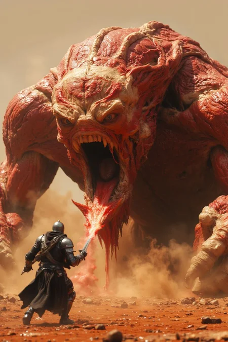<lora:Plastinates:1> photograph of a huge battle scarred plastinate endboss, spitting acid liquids at the viewer, direct eye contact, intimidating eye contact, depicted in a deadly mars dersert landscape, the image has a realistic looking texture and lighting, dynamic angle,
an epic final endboss battle emerges, tense atmosphere,
captured on a (Phase One XF IQ4 150MP), rule of third composition, bosstyle,
<lora:fluxenhancer:0.2>, midjourneyv6.1 <lora:MidjourneyV6.1:0.4>, <lora:FluxBossBattle:0.7>