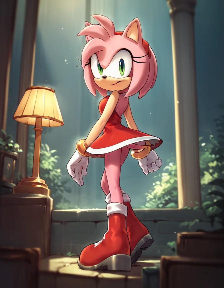 score_9, score_8_up, score_7_up, score_6_up, score_5_up, score_4_up, source_anime,  AmyRose, standing, lamp post, midnight