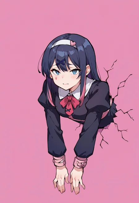 score_9, score_8_up, score_7_up, uncensored, source_anime, 1girl, <lora:sprabbitHoleStuckonwallXLPony:1> rhstuckonwall, stuck in wall, pink background, simple background, black dress, dress, long sleeves